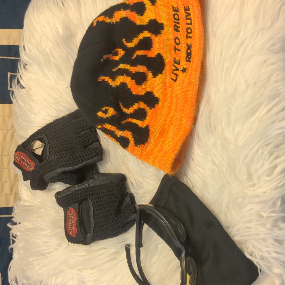 Live to ride flame beanie flame yellow lenses glasses athletic works L gloves